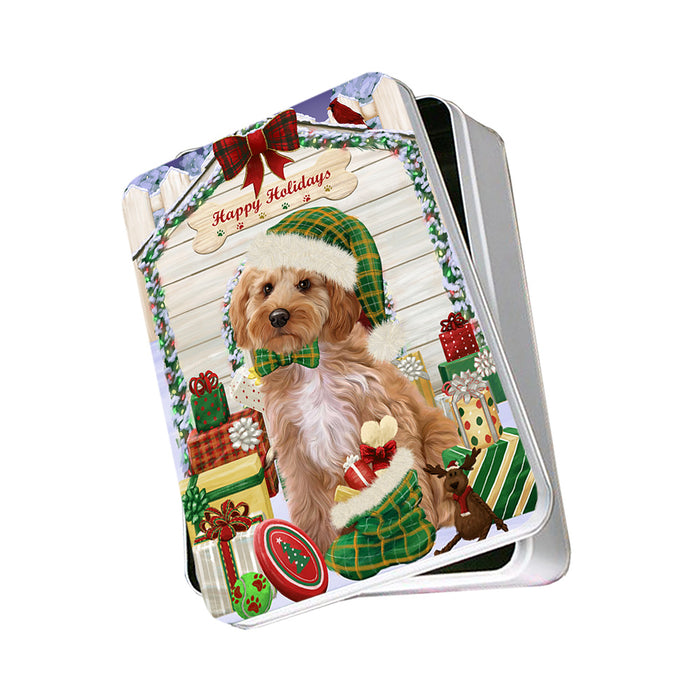 Happy Holidays Christmas Cockapoo Dog With Presents Photo Storage Tin PITN52646