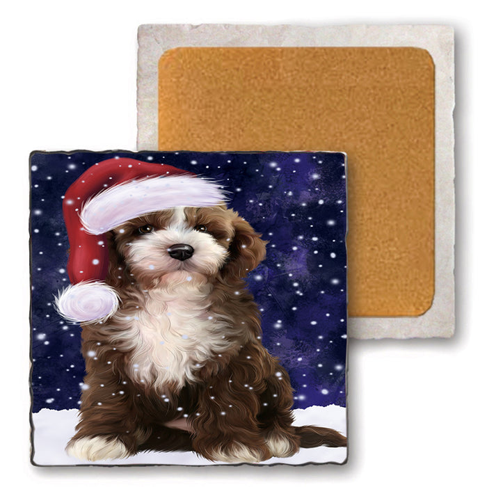 Let it Snow Christmas Holiday Cockapoo Dog Wearing Santa Hat Set of 4 Natural Stone Marble Tile Coasters MCST49288