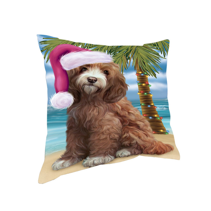 Summertime Happy Holidays Christmas Cockapoo Dog on Tropical Island Beach Pillow PIL74808