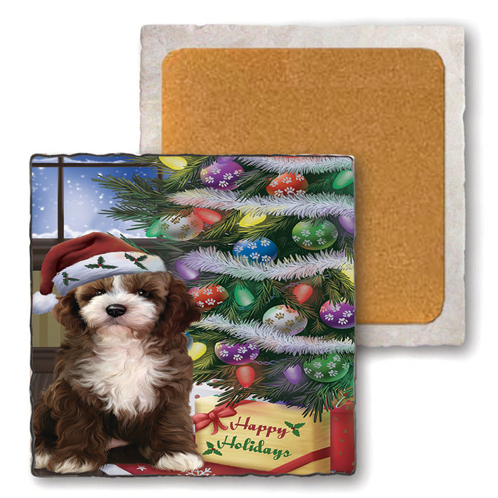 Christmas Happy Holidays Cockapoo Dog with Tree and Presents Set of 4 Natural Stone Marble Tile Coasters MCST48448
