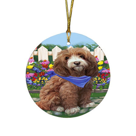 Spring Floral Cockapoo Dog Round Flat Christmas Ornament RFPOR52236