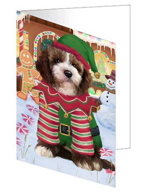 Christmas Gingerbread House Candyfest Cockapoo Dog Handmade Artwork Assorted Pets Greeting Cards and Note Cards with Envelopes for All Occasions and Holiday Seasons GCD73445
