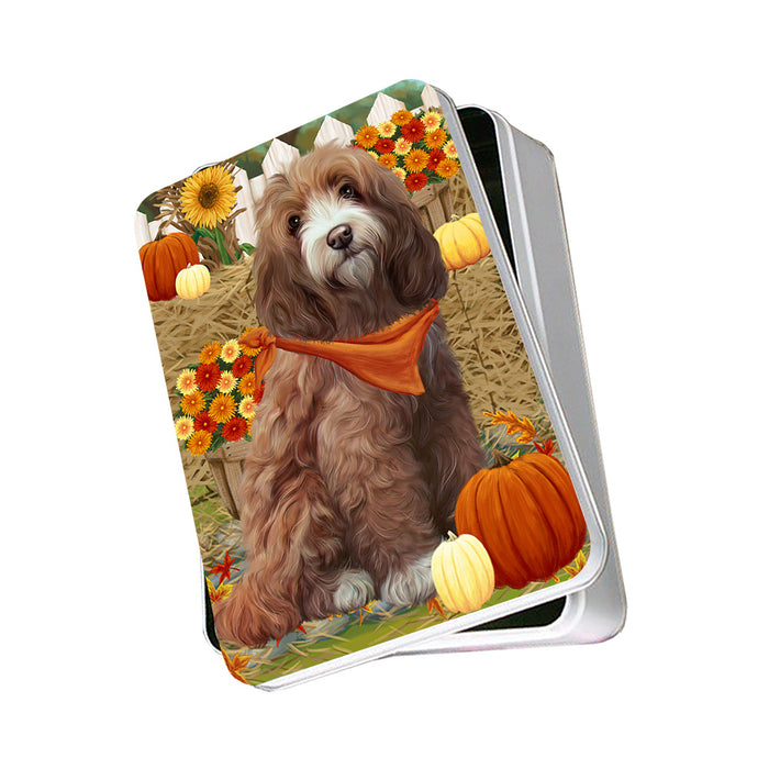 Fall Autumn Greeting Cockapoo Dog with Pumpkins Photo Storage Tin PITN52316
