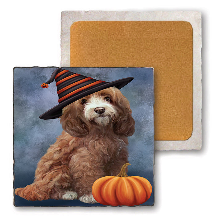 Happy Halloween Cockapoo Dog Wearing Witch Hat with Pumpkin Set of 4 Natural Stone Marble Tile Coasters MCST49722
