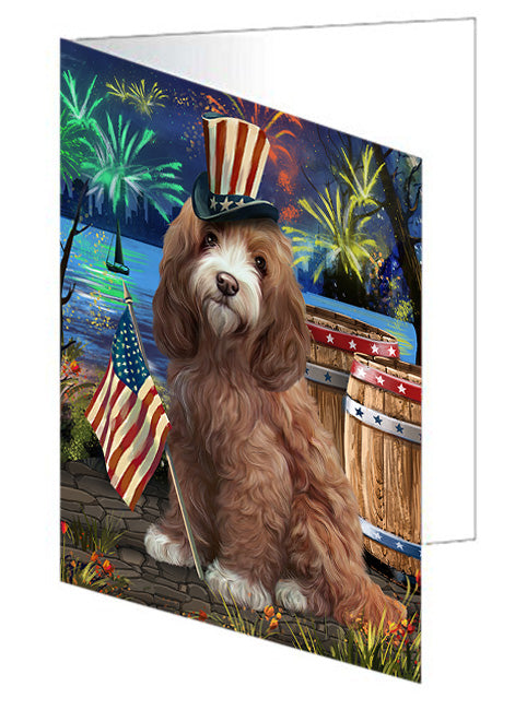 4th of July Independence Day Fireworks Cockapoo Dog at the Lake Handmade Artwork Assorted Pets Greeting Cards and Note Cards with Envelopes for All Occasions and Holiday Seasons GCD57413