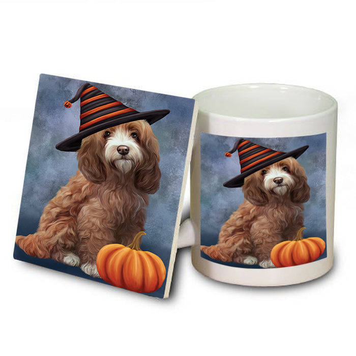 Happy Halloween Cockapoo Dog Wearing Witch Hat with Pumpkin Mug and Coaster Set MUC54714