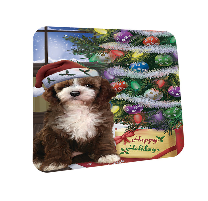Christmas Happy Holidays Cockapoo Dog with Tree and Presents Coasters Set of 4 CST53406