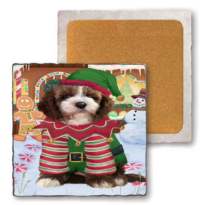 Christmas Gingerbread House Candyfest Cockapoo Dog Set of 4 Natural Stone Marble Tile Coasters MCST51310
