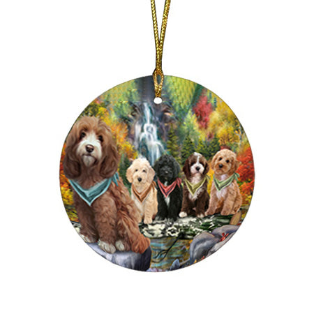 Scenic Waterfall Cockapoos Dog Round Flat Christmas Ornament RFPOR51851