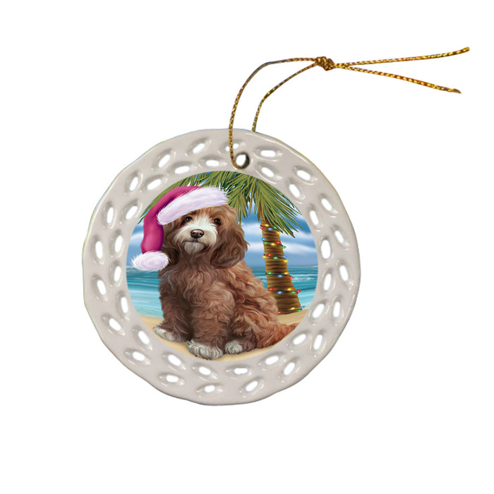 Summertime Happy Holidays Christmas Cockapoo Dog on Tropical Island Beach Ceramic Doily Ornament DPOR54546
