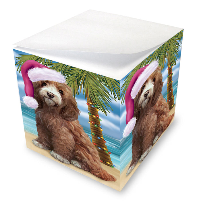 Summertime Happy Holidays Christmas Cockapoo Dog on Tropical Island Beach Note Cube NOC56064