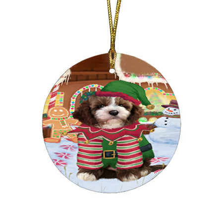 Christmas Gingerbread House Candyfest Cockapoo Dog Round Flat Christmas Ornament RFPOR56666