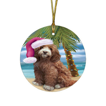Summertime Happy Holidays Christmas Cockapoo Dog on Tropical Island Beach Round Flat Christmas Ornament RFPOR54537