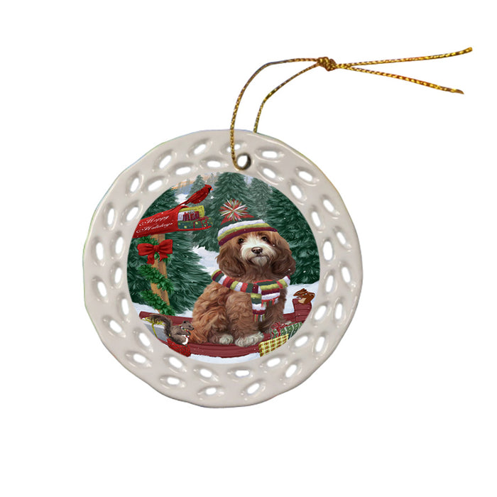 Merry Christmas Woodland Sled Cockapoo Dog Ceramic Doily Ornament DPOR55261
