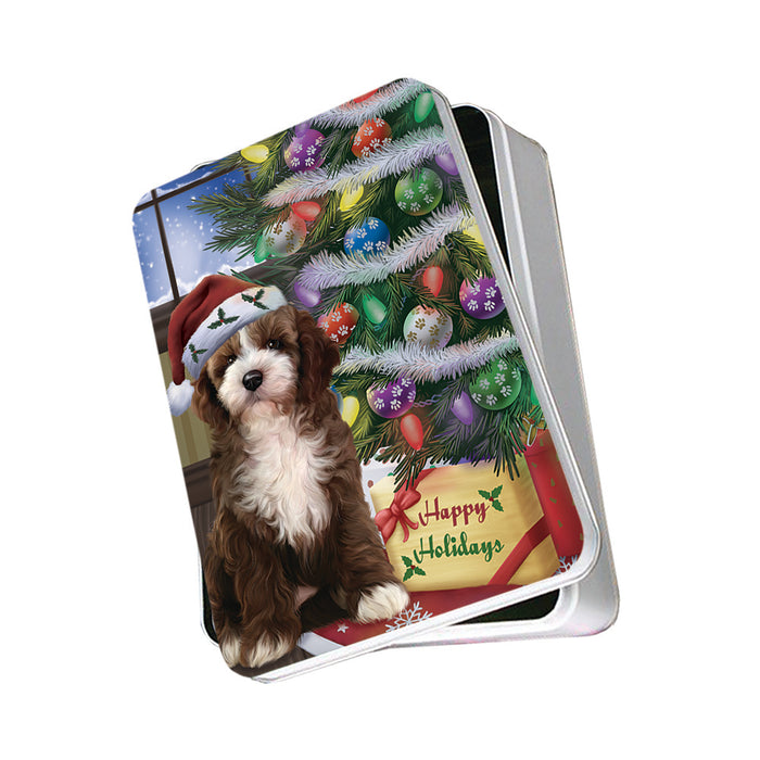 Christmas Happy Holidays Cockapoo Dog with Tree and Presents Photo Storage Tin PITN53448