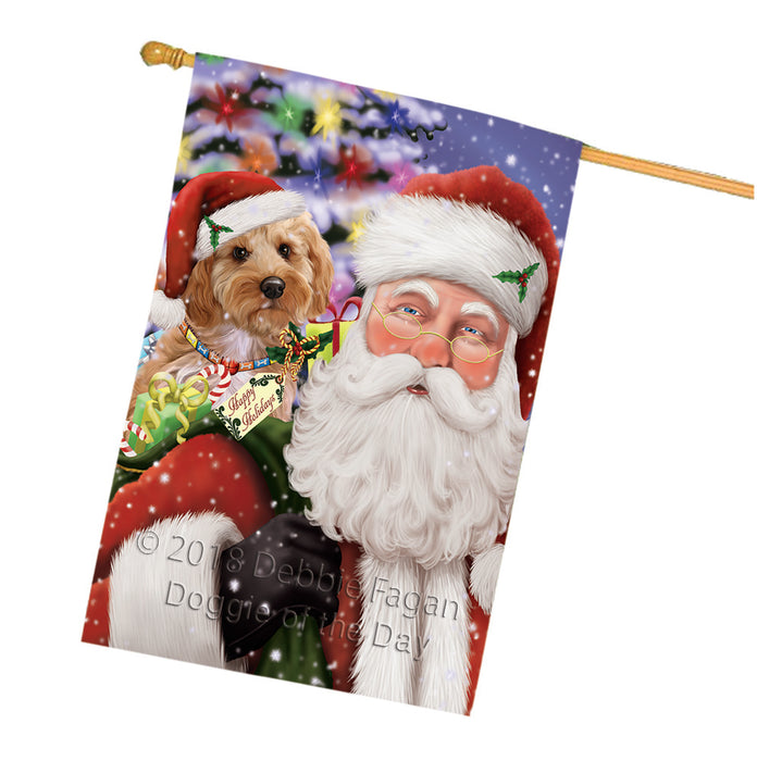 Santa Carrying Cockapoo Dog and Christmas Presents House Flag FLG53877