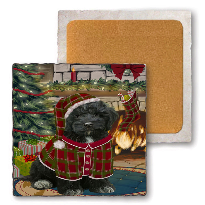 The Stocking was Hung Cockapoo Dog Set of 4 Natural Stone Marble Tile Coasters MCST50280