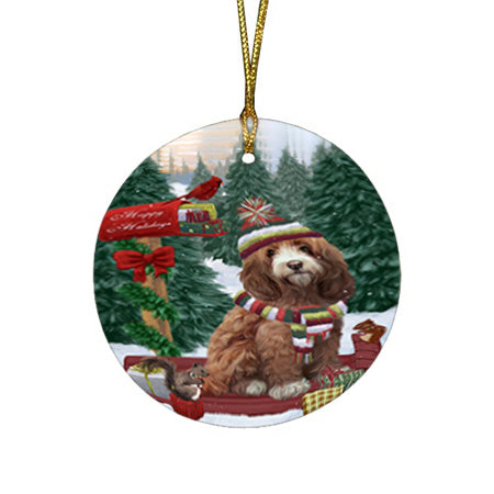 Merry Christmas Woodland Sled Cockapoo Dog Round Flat Christmas Ornament RFPOR55261