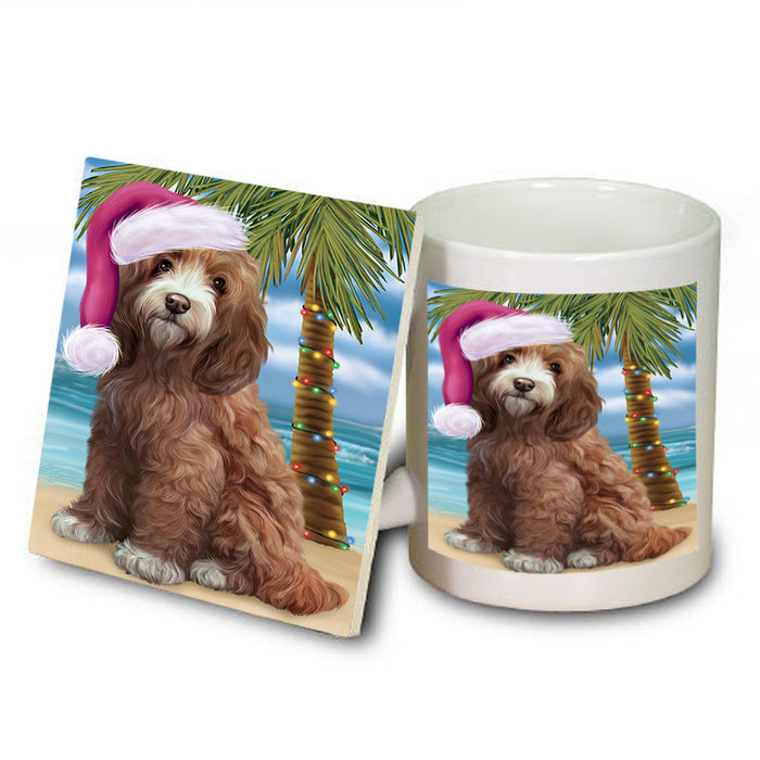 Summertime Happy Holidays Christmas Cockapoo Dog on Tropical Island Beach Mug and Coaster Set MUC54410