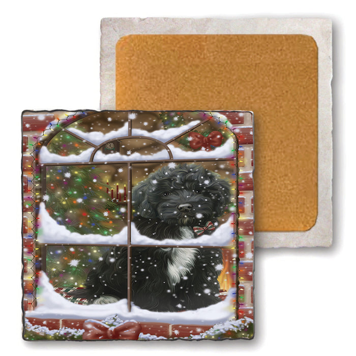 Please Come Home For Christmas Cockapoo Dog Sitting In Window Set of 4 Natural Stone Marble Tile Coasters MCST48622