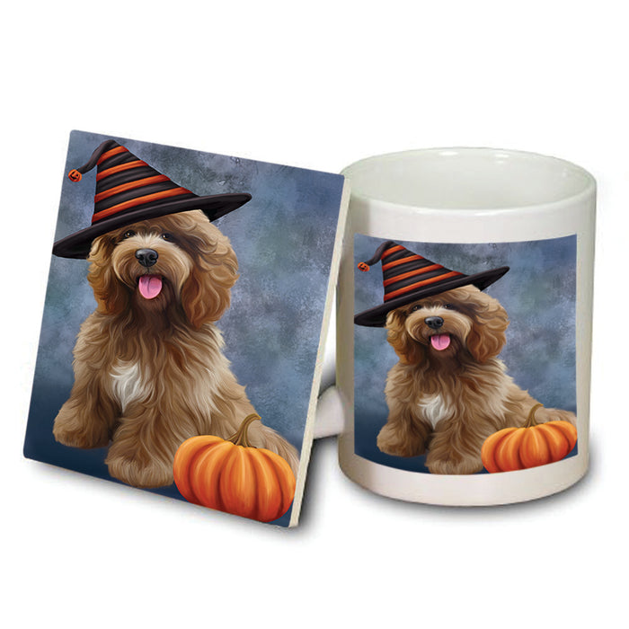 Happy Halloween Cockapoo Dog Wearing Witch Hat with Pumpkin Mug and Coaster Set MUC54880