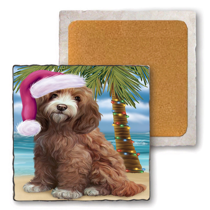 Summertime Happy Holidays Christmas Cockapoo Dog on Tropical Island Beach Set of 4 Natural Stone Marble Tile Coasters MCST49418