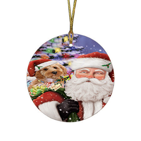 Santa Carrying Cockapoo Dog and Christmas Presents Round Flat Christmas Ornament RFPOR53670