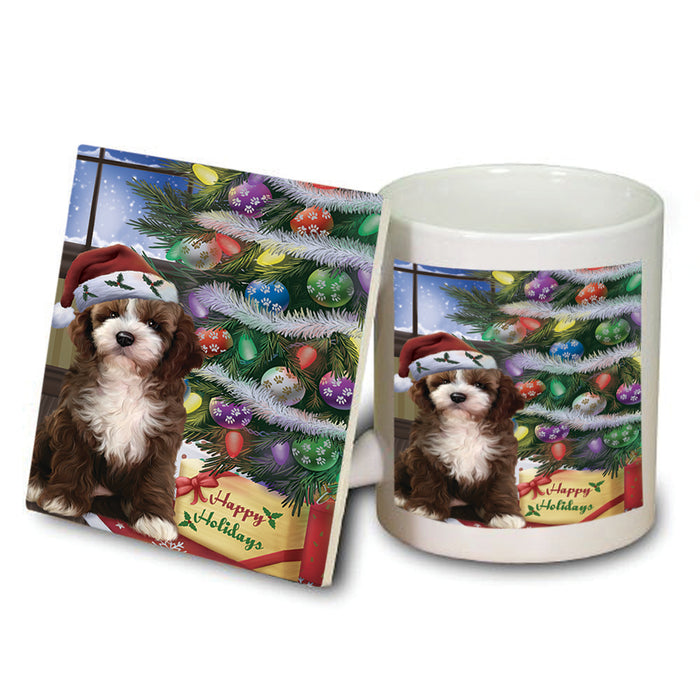 Christmas Happy Holidays Cockapoo Dog with Tree and Presents Mug and Coaster Set MUC53440