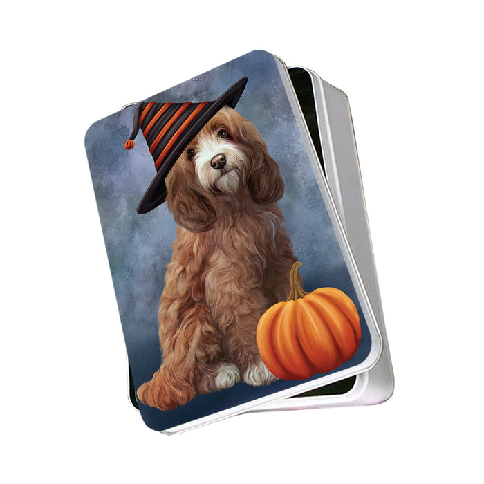 Happy Halloween Cockapoo Dog Wearing Witch Hat with Pumpkin Photo Storage Tin PITN54665