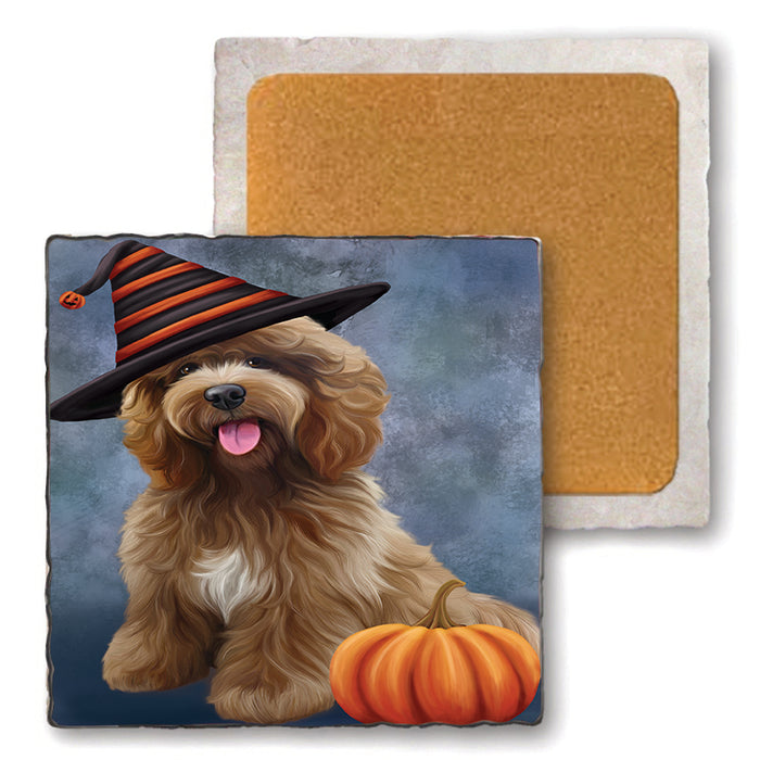 Happy Halloween Cockapoo Dog Wearing Witch Hat with Pumpkin Set of 4 Natural Stone Marble Tile Coasters MCST49888