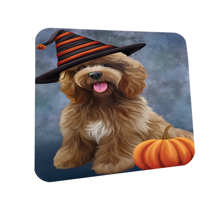Happy Halloween Cockapoo Dog Wearing Witch Hat with Pumpkin Coasters Set of 4 CST54846