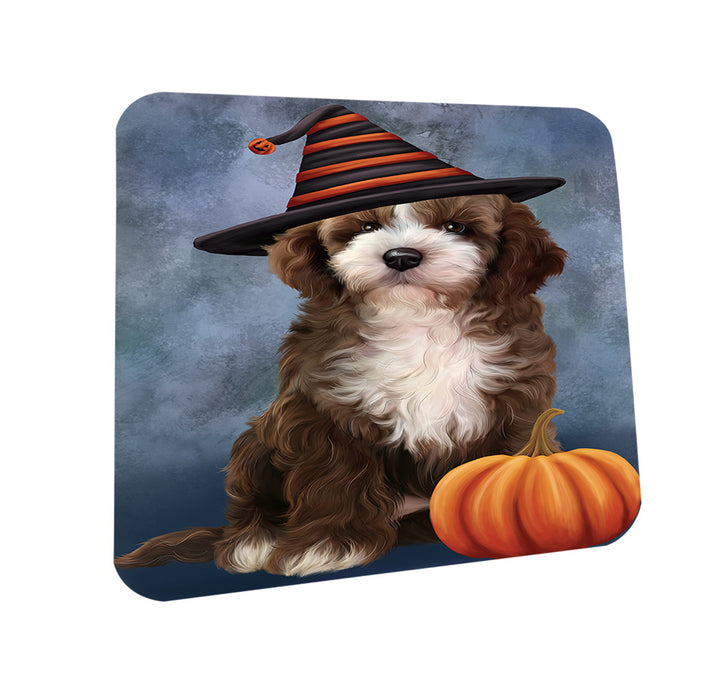 Happy Halloween Cockapoo Dog Wearing Witch Hat with Pumpkin Coasters Set of 4 CST54681