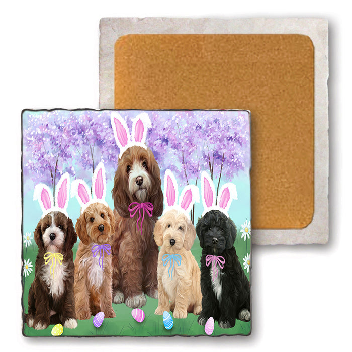 Easter Holiday Cockapoos Dog Set of 4 Natural Stone Marble Tile Coasters MCST51888