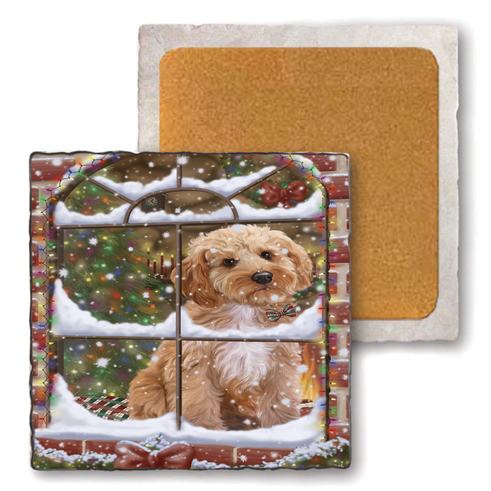 Please Come Home For Christmas Cockapoo Dog Sitting In Window Set of 4 Natural Stone Marble Tile Coasters MCST48623