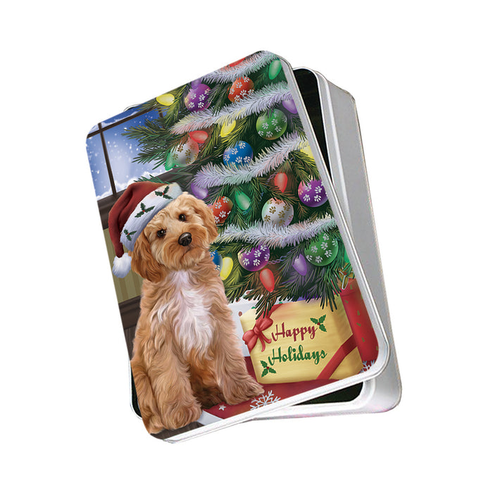 Christmas Happy Holidays Cockapoo Dog with Tree and Presents Photo Storage Tin PITN53449