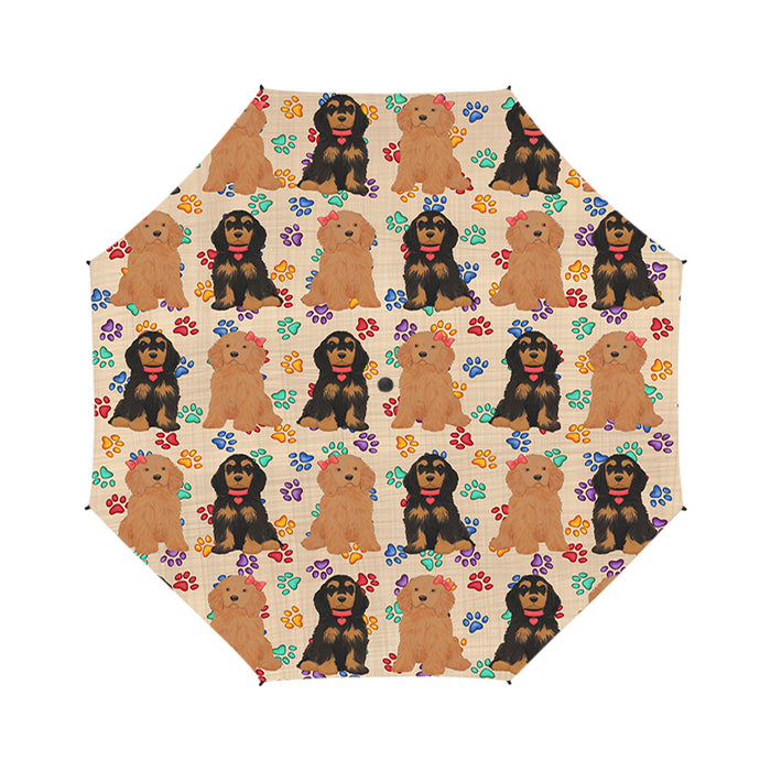 Rainbow Paw Print Cockapoo Dogs Red Semi-Automatic Foldable Umbrella