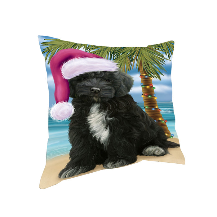 Summertime Happy Holidays Christmas Cockapoo Dog on Tropical Island Beach Pillow PIL74812