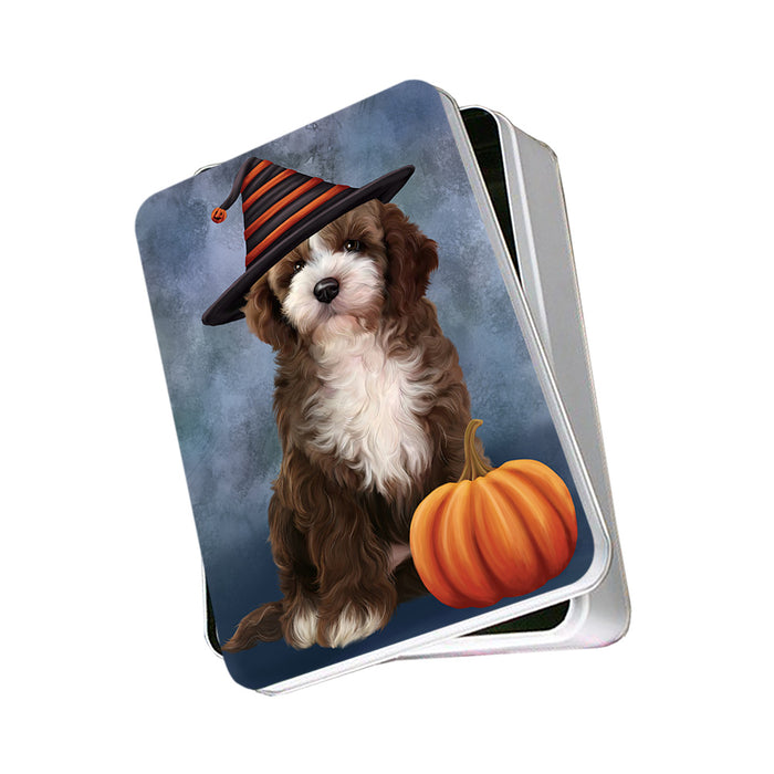 Happy Halloween Cockapoo Dog Wearing Witch Hat with Pumpkin Photo Storage Tin PITN54666