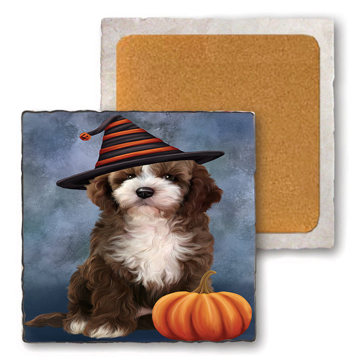 Happy Halloween Cockapoo Dog Wearing Witch Hat with Pumpkin Set of 4 Natural Stone Marble Tile Coasters MCST49723