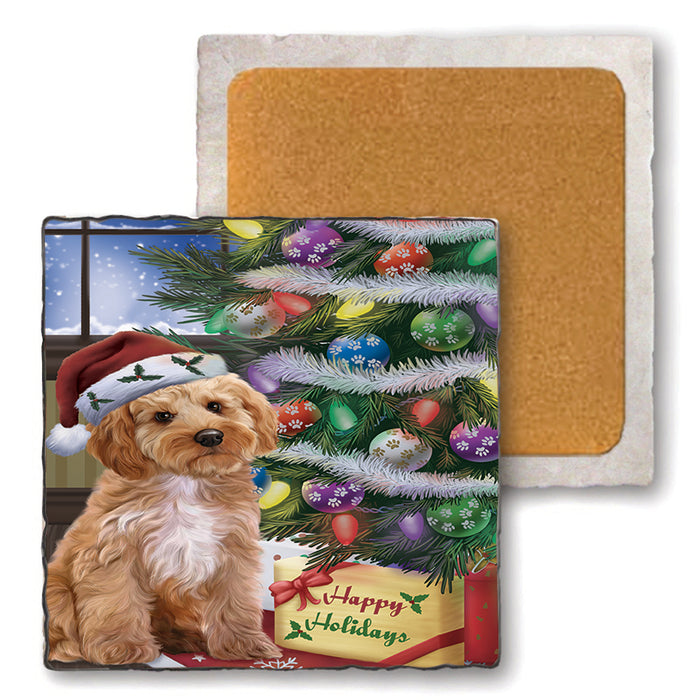 Christmas Happy Holidays Cockapoo Dog with Tree and Presents Set of 4 Natural Stone Marble Tile Coasters MCST48449