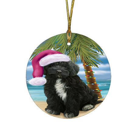 Summertime Happy Holidays Christmas Cockapoo Dog on Tropical Island Beach Round Flat Christmas Ornament RFPOR54538