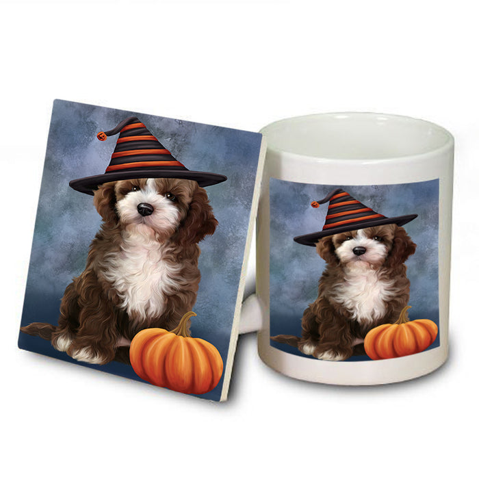 Happy Halloween Cockapoo Dog Wearing Witch Hat with Pumpkin Mug and Coaster Set MUC54715