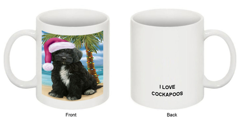 Summertime Happy Holidays Christmas Cockapoo Dog on Tropical Island Beach Coffee Mug MUG49817