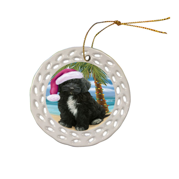 Summertime Happy Holidays Christmas Cockapoo Dog on Tropical Island Beach Ceramic Doily Ornament DPOR54547