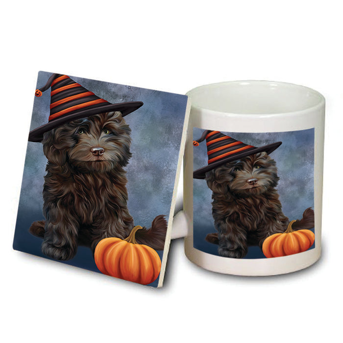 Happy Halloween Cockapoo Dog Wearing Witch Hat with Pumpkin Mug and Coaster Set MUC54881
