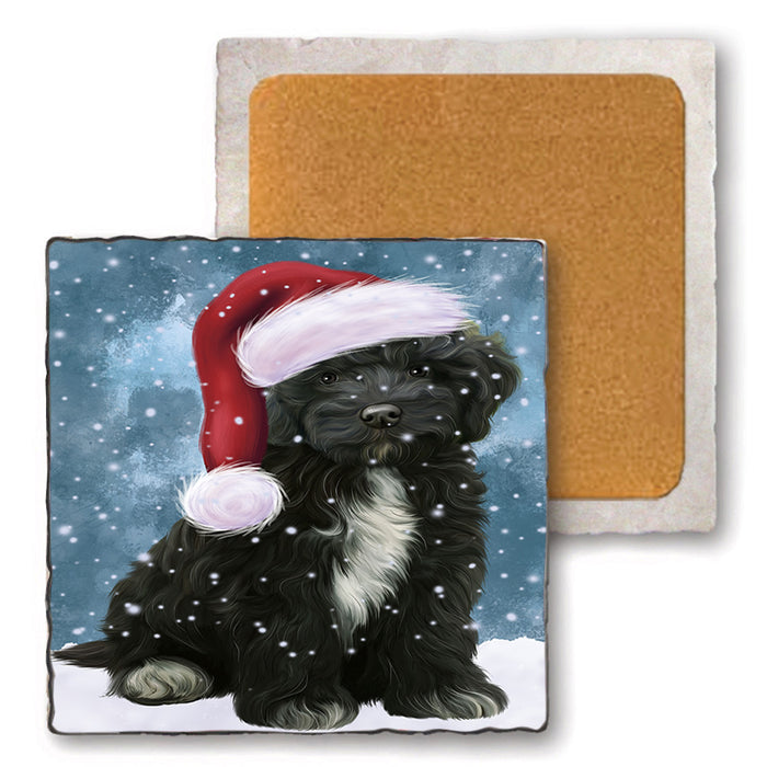 Let it Snow Christmas Holiday Cockapoo Dog Wearing Santa Hat Set of 4 Natural Stone Marble Tile Coasters MCST49289