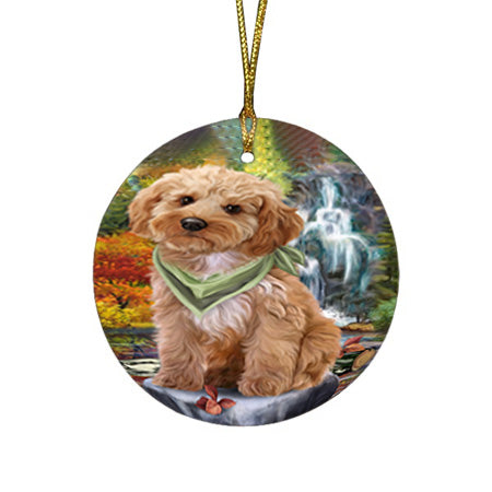 Scenic Waterfall Cockapoo Dog Round Flat Christmas Ornament RFPOR51852
