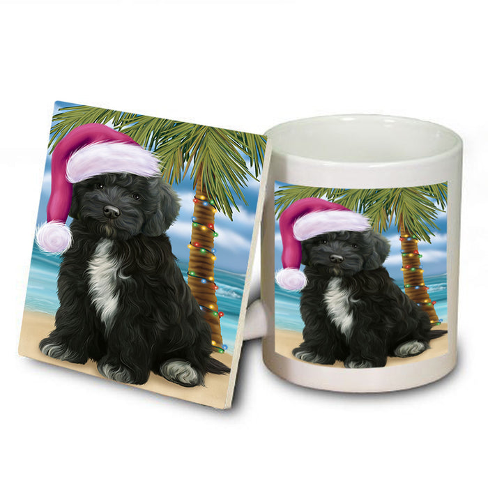 Summertime Happy Holidays Christmas Cockapoo Dog on Tropical Island Beach Mug and Coaster Set MUC54411