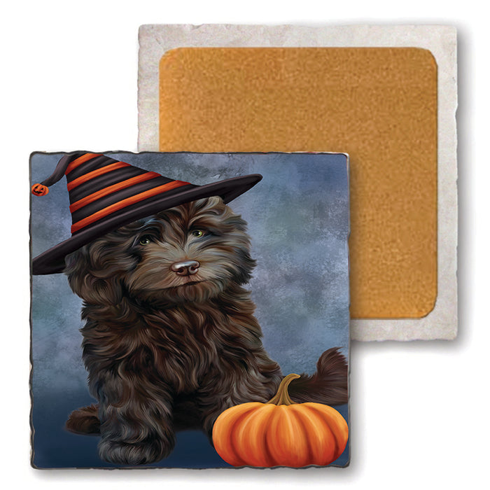Happy Halloween Cockapoo Dog Wearing Witch Hat with Pumpkin Set of 4 Natural Stone Marble Tile Coasters MCST49889