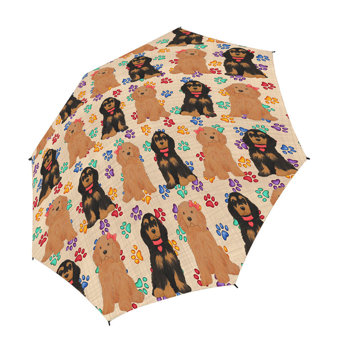 Rainbow Paw Print Cockapoo Dogs Red Semi-Automatic Foldable Umbrella